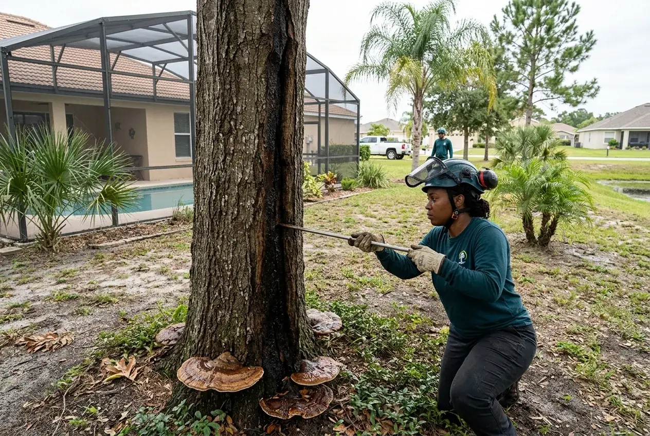 Arborist checking a water oak trunk for decay before quoting a removal in Kissimmee