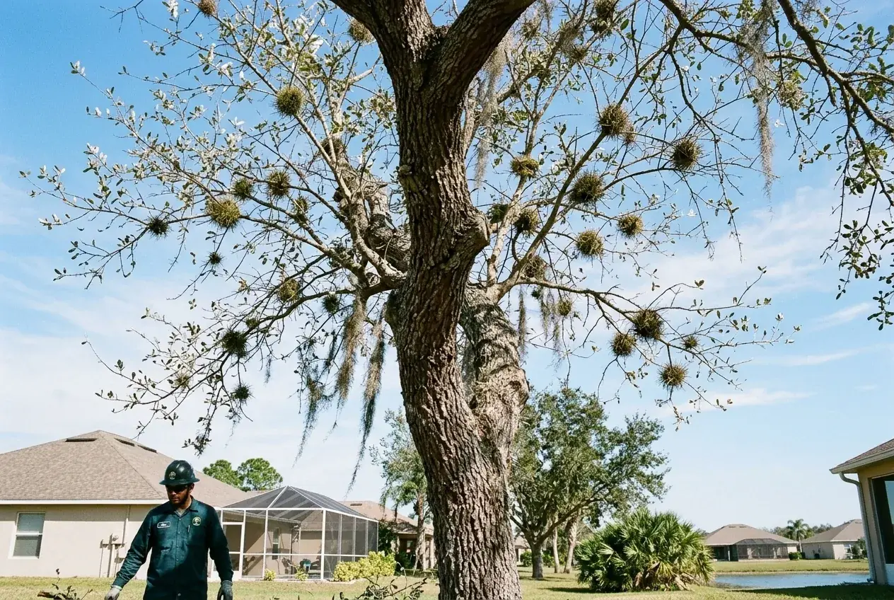 Ball moss on thin twigs of a declining oak canopy in St. Cloud, FL, viewed from below