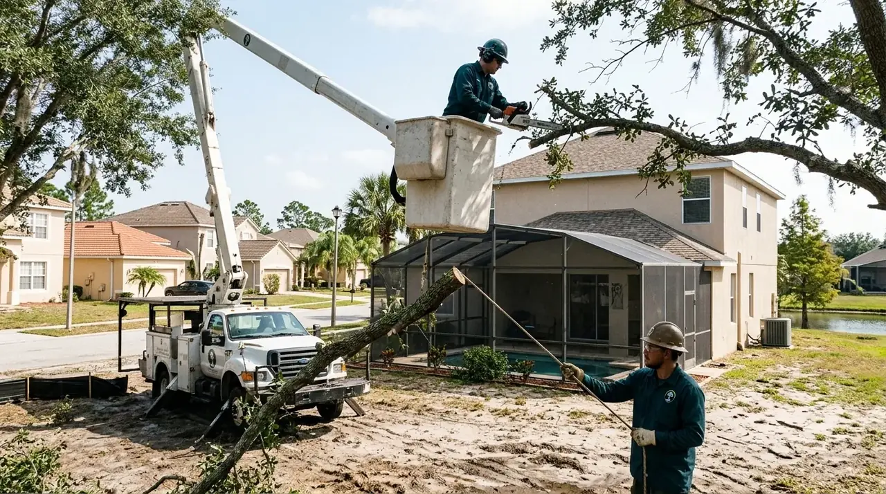 Bucket truck crew trimming oak limbs away from a lanai roof at a Kissimmee home