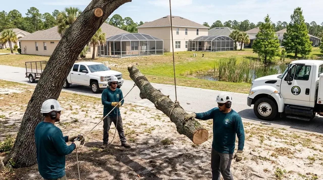 Buenaventura Lakes tree removal crew taking down a leaning laurel oak beside a neighborhood pond