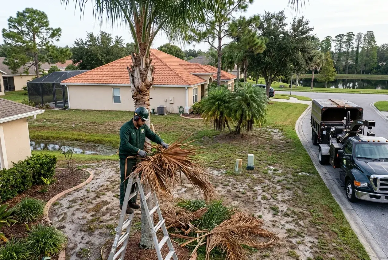 BVL palm tree trimming on a queen palm in front of a stucco home in Kissimmee 34743