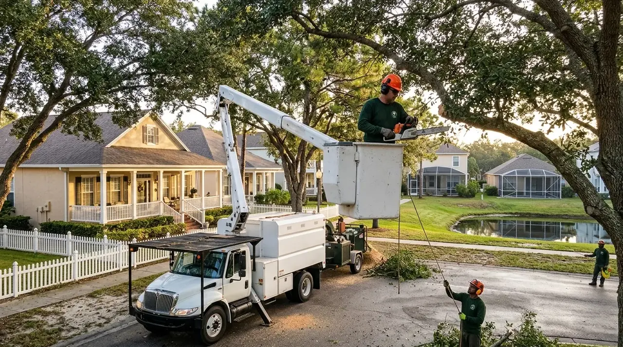 Celebration FL oak pruning under the live oak canopy along a residential street near Celebration Avenue