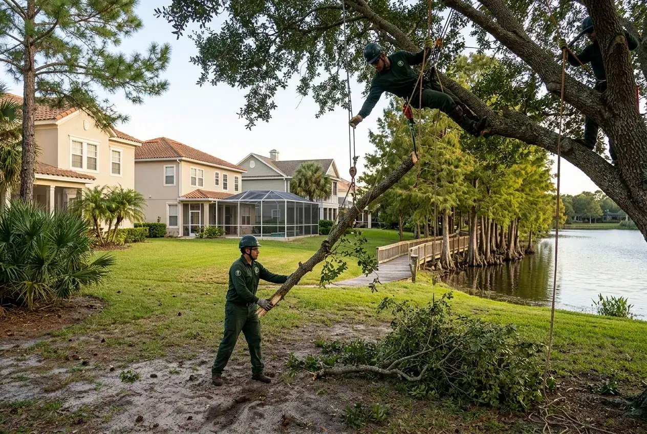 Celebration tree removal crew lowering a laurel oak section behind a lakeside home near Lake Rianhard