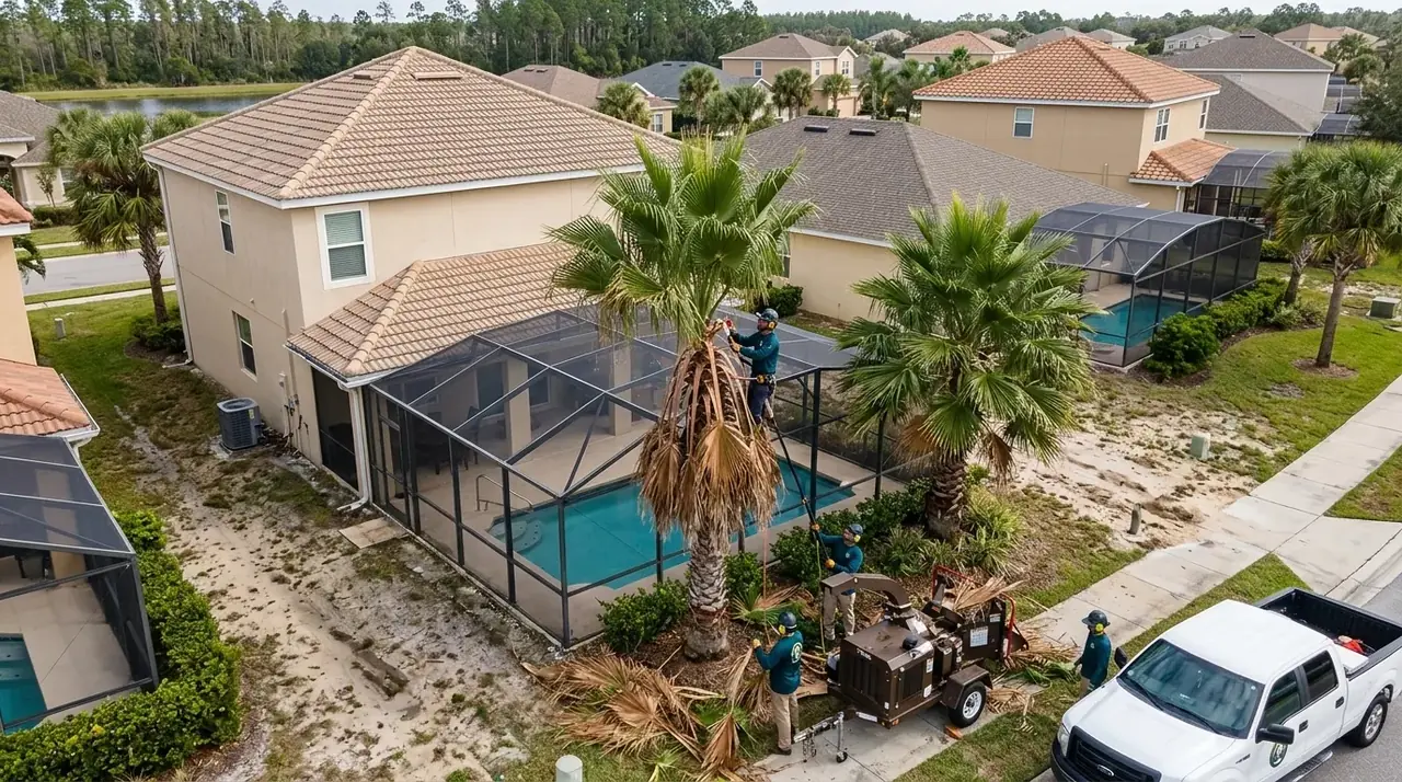 ChampionsGate palm trimming crew cutting dead fronds beside a screened pool cage at a vacation home
