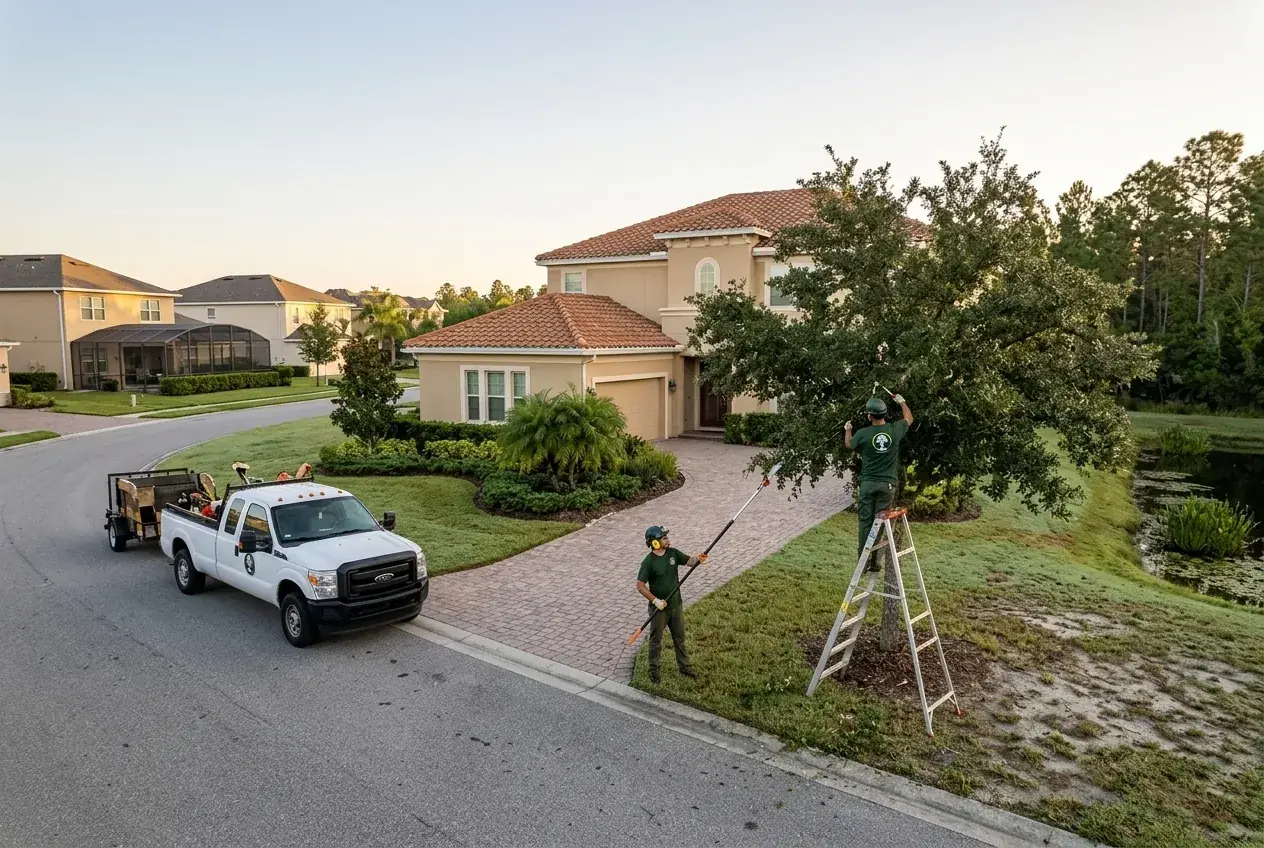 ChampionsGate rental home tree pruning between guest stays, crew raising an oak canopy over a driveway
