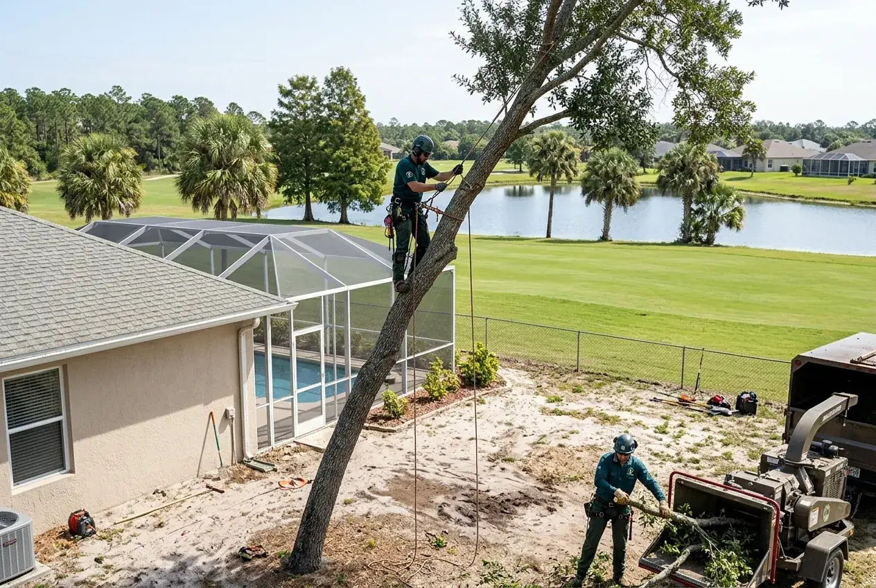 ChampionsGate tree removal of a leaning laurel oak on a lot backing up to a golf course fairway