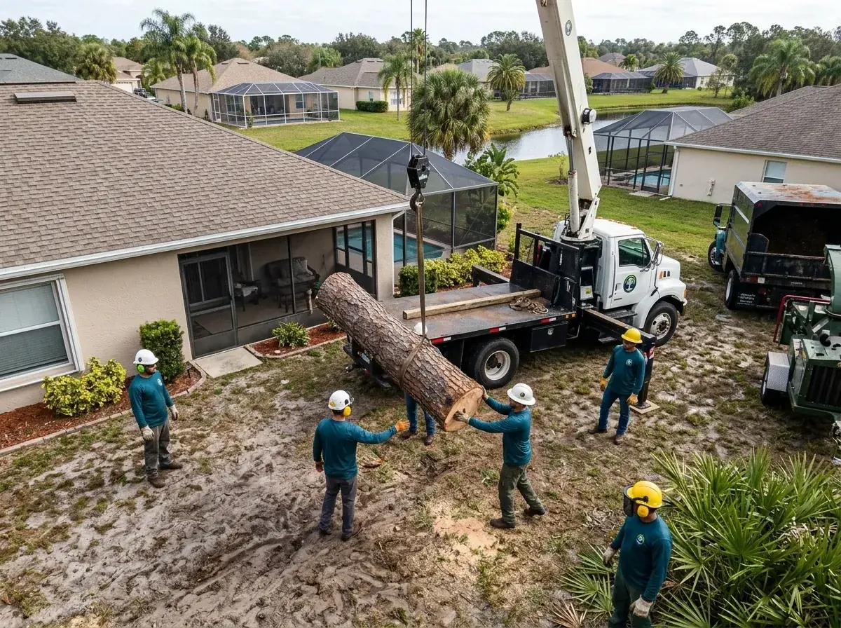 Crane lowering a pine trunk section into a front yard during a Kissimmee tree removal