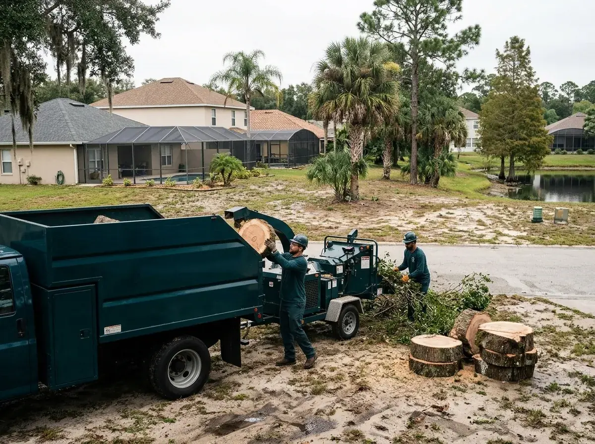 Crew loading log rounds and feeding brush into a chipper on a Kissimmee street
