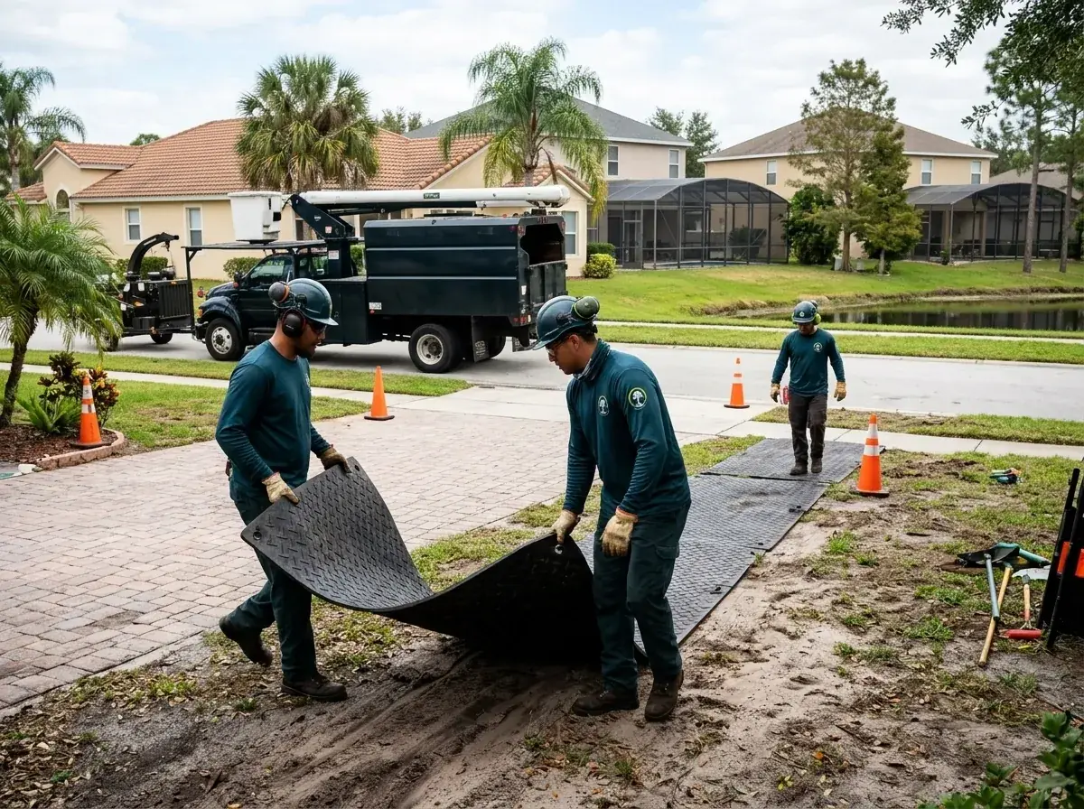 Tree crew laying protective mats over a paver driveway before a removal in Kissimmee