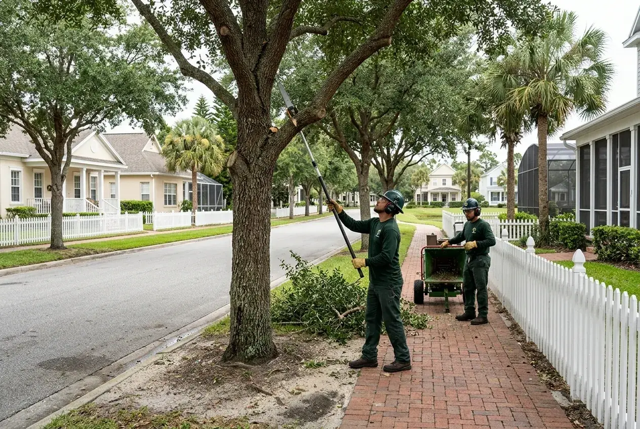 Kissimmee tree pruning crew raising the canopy of a street oak over a sidewalk in Celebration, FL