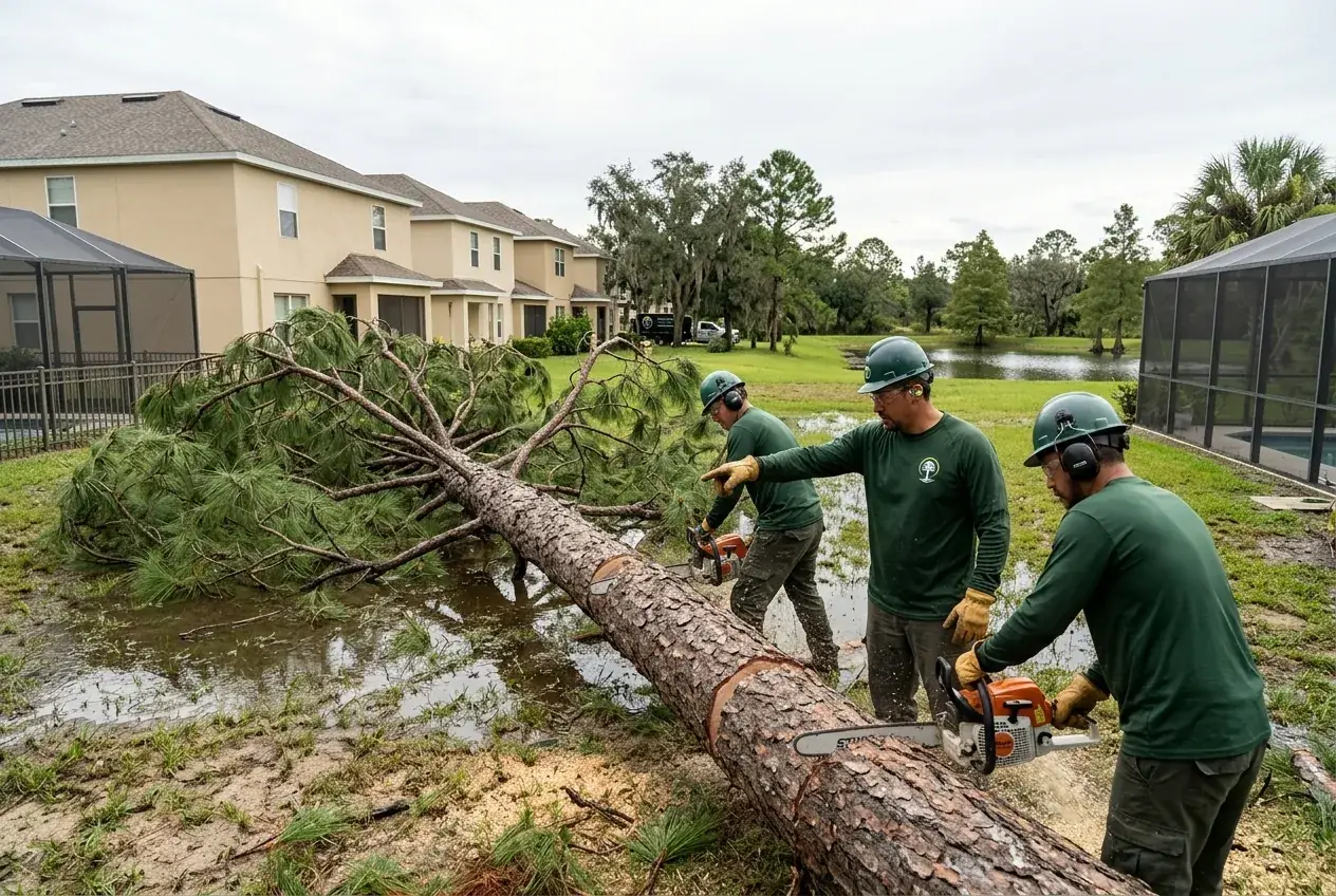Four Corners storm damage cleanup of a slash pine that fell across a backyard after a summer thunderstorm