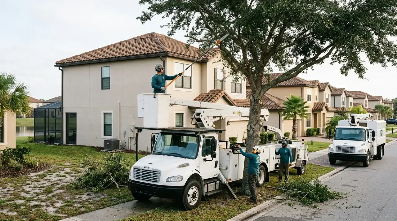 Four Corners tree trimming crew pruning a live oak away from the roof of a rental home near US-192