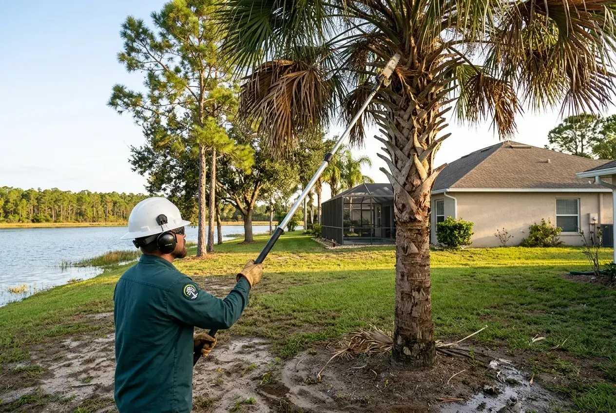 Harmony FL palm trimming on a sabal palm in a yard near Buck Lake with pine flatwoods beyond