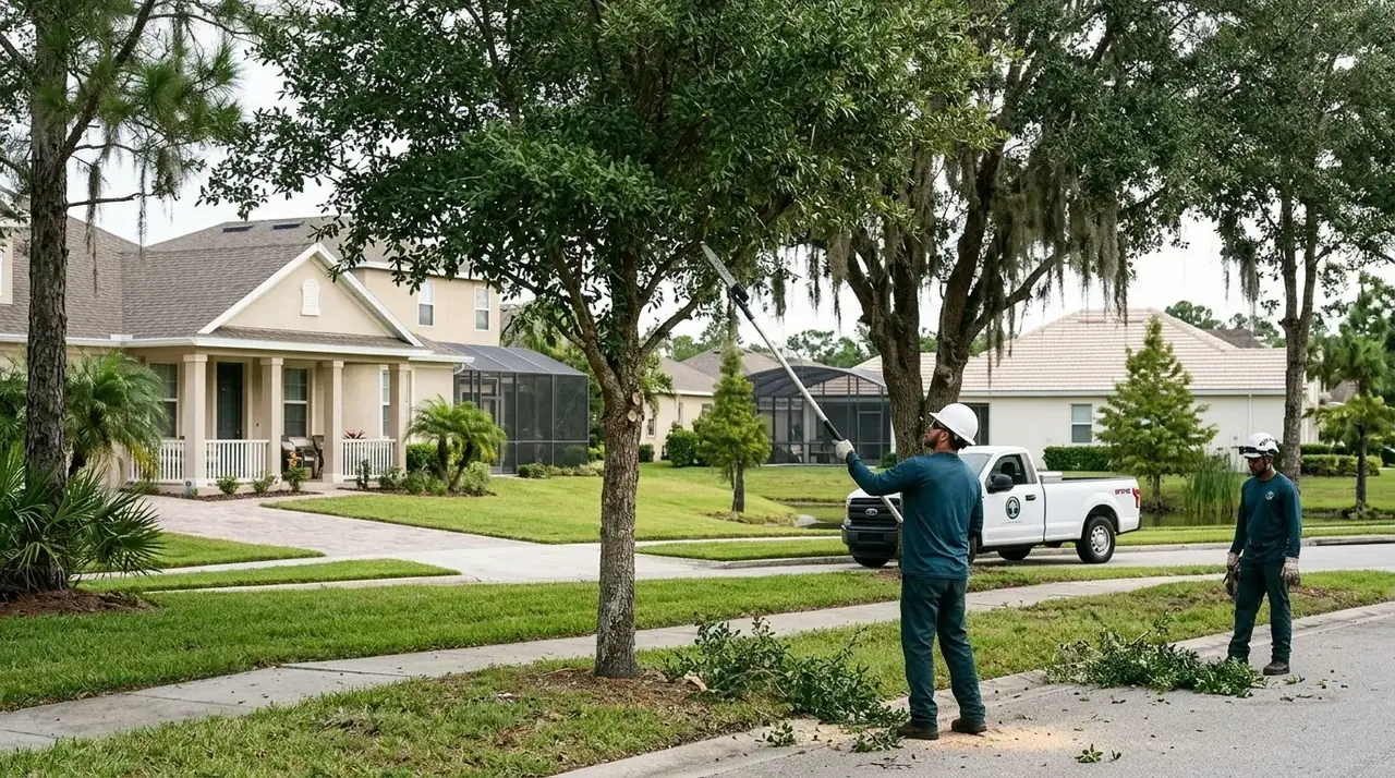 Harmony FL tree trimming crew raising the canopy of a live oak along a sidewalk in a conservation-focused neighborhood