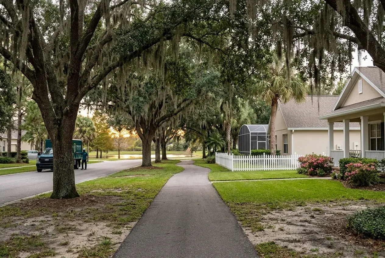 HOA tree removal approval in Celebration, FL: mature live oaks lining a residential street with front porches