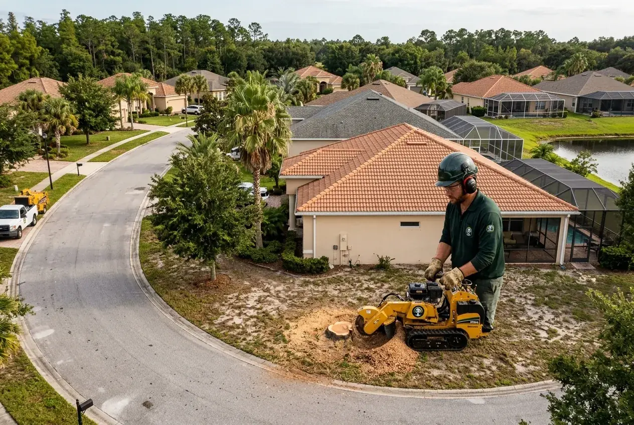 Hunters Creek stump grinding in a village front yard after an oak removal