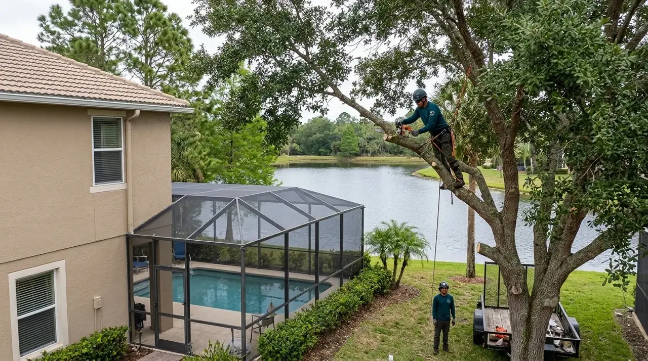 Hunters Creek tree trimming climber cutting oak limbs back from a screened pool cage in Orlando