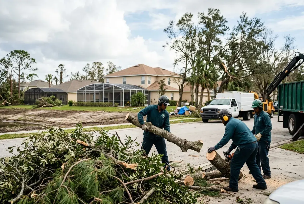 Kissimmee storm cleanup crew stacking cut limbs into a vegetation-only debris pile at the curb in St. Cloud, FL