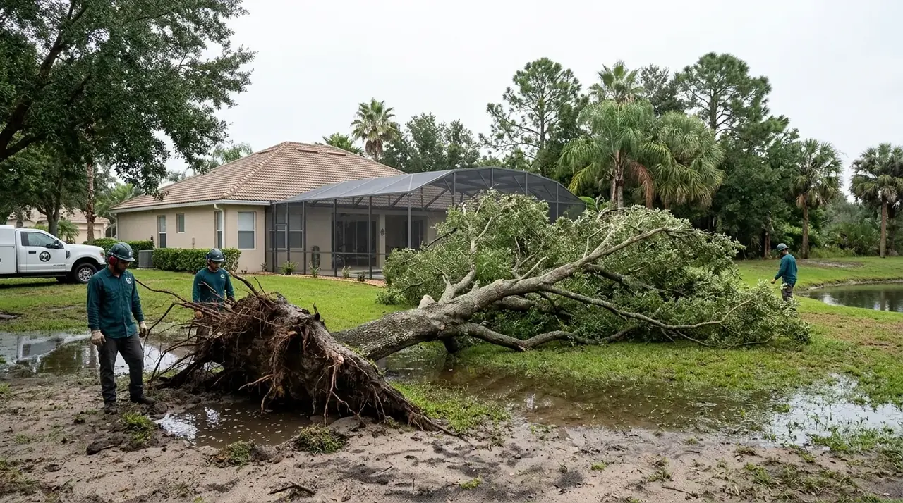 Hurricane damage in Osceola County: a laurel oak uprooted with its shallow root plate exposed in wet sandy soil