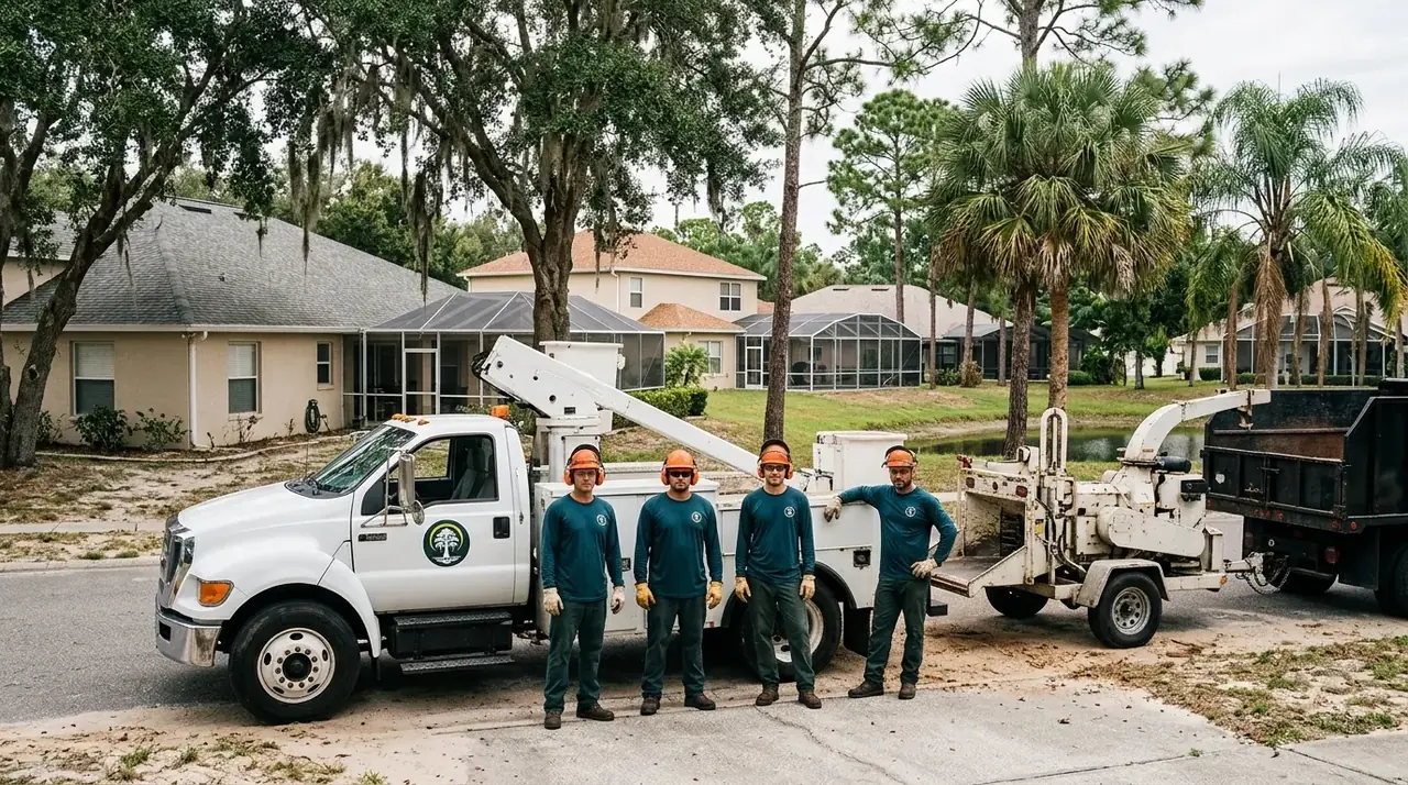Kissimmee Tree Service crew standing beside a bucket truck and chipper on a residential street