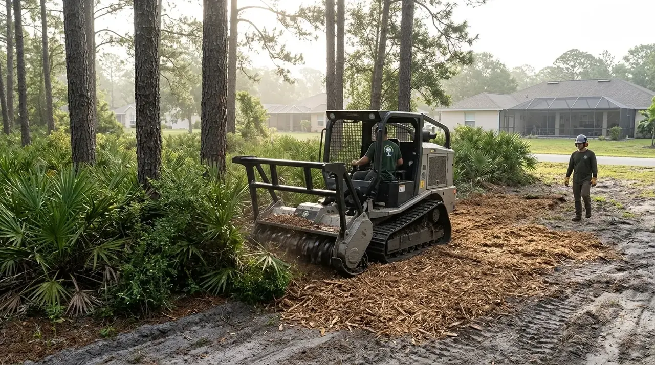 Land clearing near Kissimmee: forestry mulcher grinding saw palmetto and brush on a flat pine flatwoods lot in Narcoossee, FL