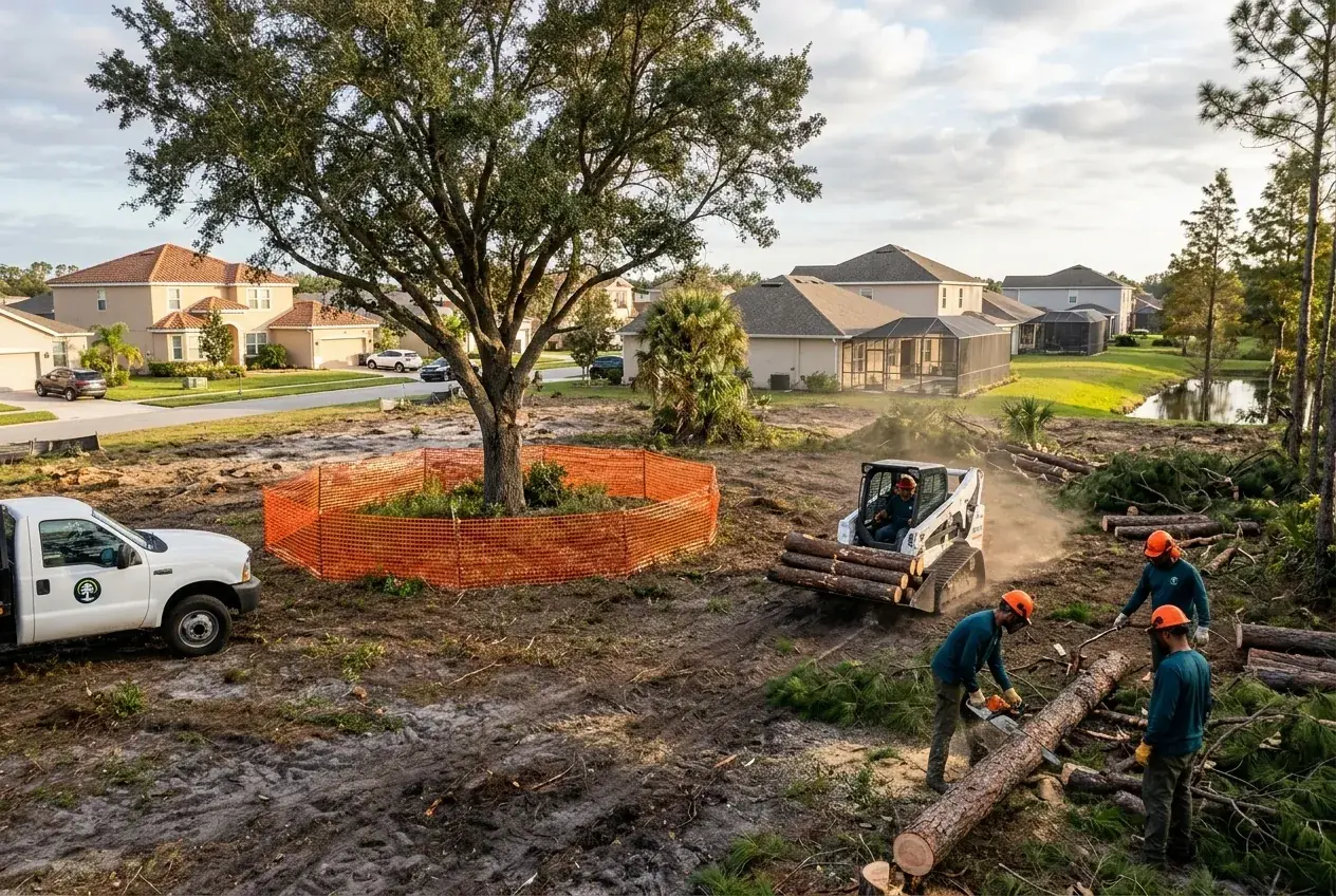 Kissimmee land clearing crew opening a homesite among slash pines in St. Cloud while saving a large live oak