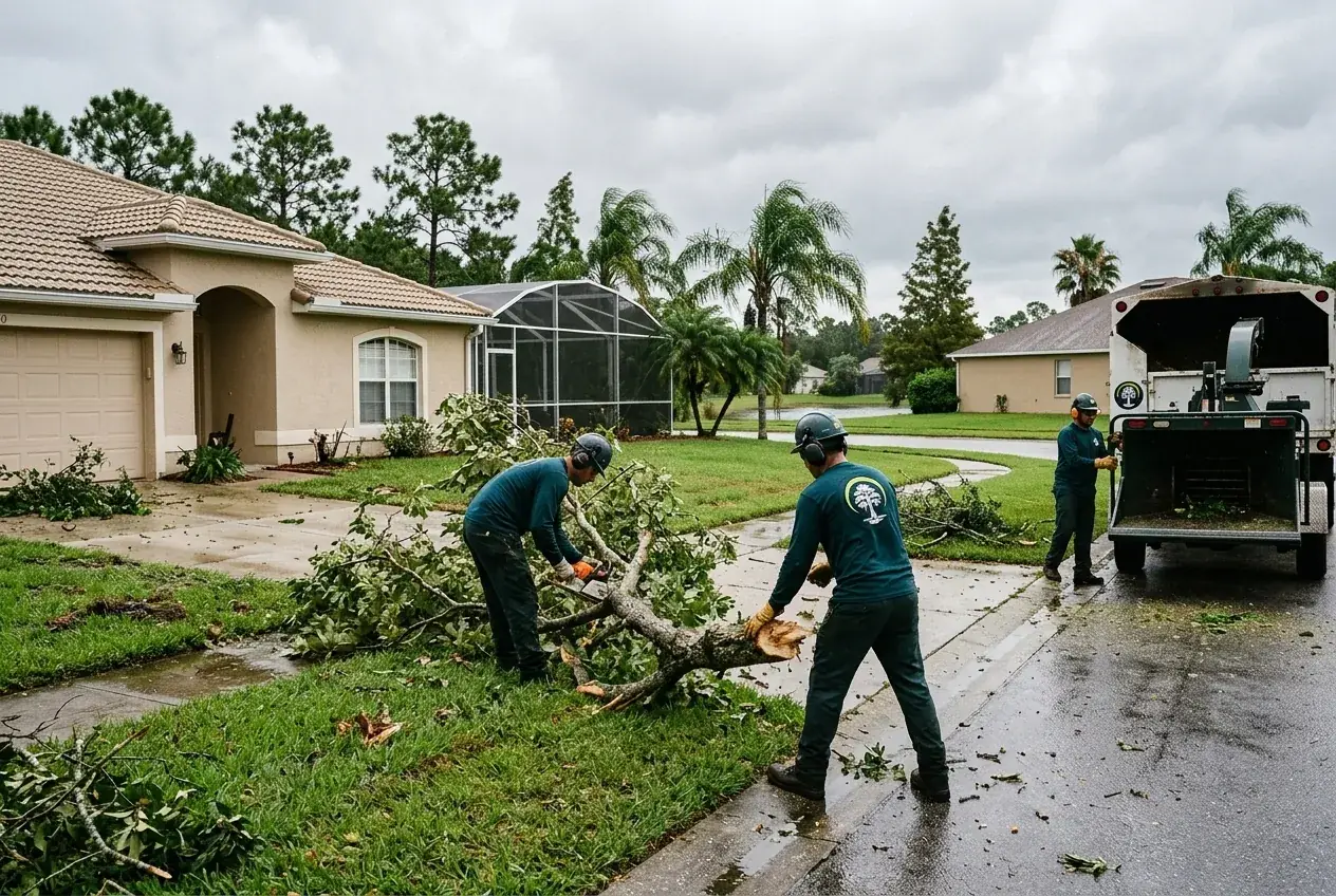 Meadow Woods storm cleanup of a broken oak limb beside a home near Landstar Boulevard