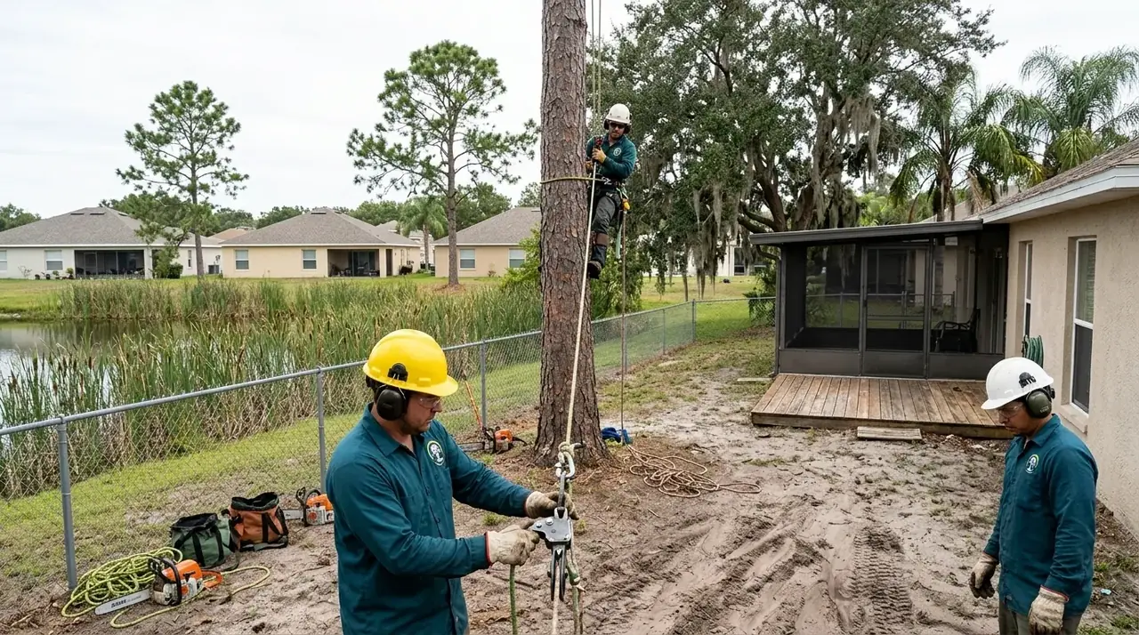Meadow Woods tree removal crew rigging down a tall slash pine in an Orlando backyard