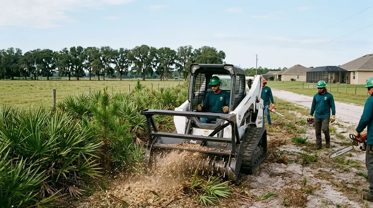 Narcoossee land clearing crew removing slash pines and palmetto from a flat rural lot off Narcoossee Road