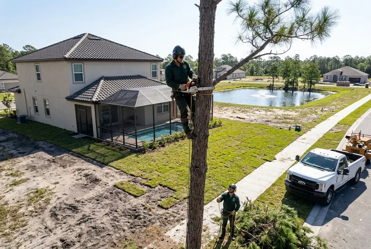 Narcoossee tree removal of a tall slash pine left close to a newly built home in a growing subdivision