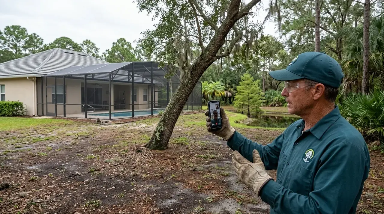Tree estimator showing a tree to an out-of-state owner on a phone video call in a Kissimmee back yard