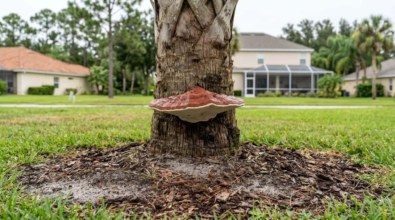 Palm tree disease in Kissimmee, FL: a shelf-like Ganoderma conk on the lower trunk of a sabal palm