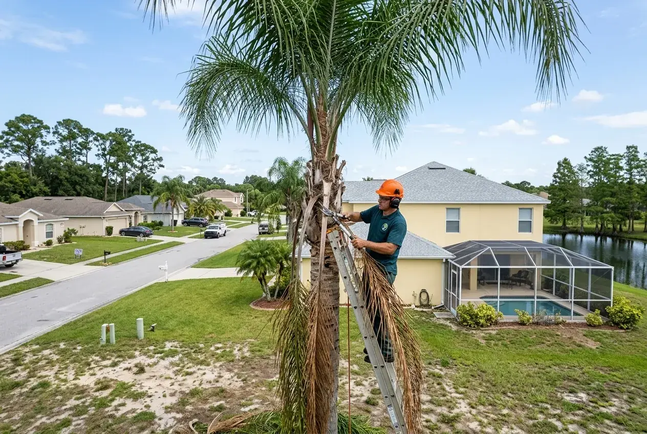 Palm tree trimming in Celebration, FL: worker removing only dead fronds from a queen palm