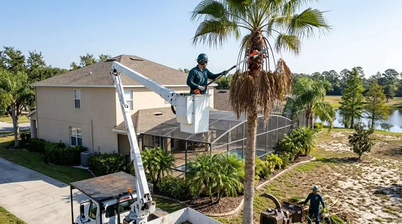 Palm tree trimming in Kissimmee: bucket-truck crew removing dead fronds from a tall Washingtonia palm beside a pool cage