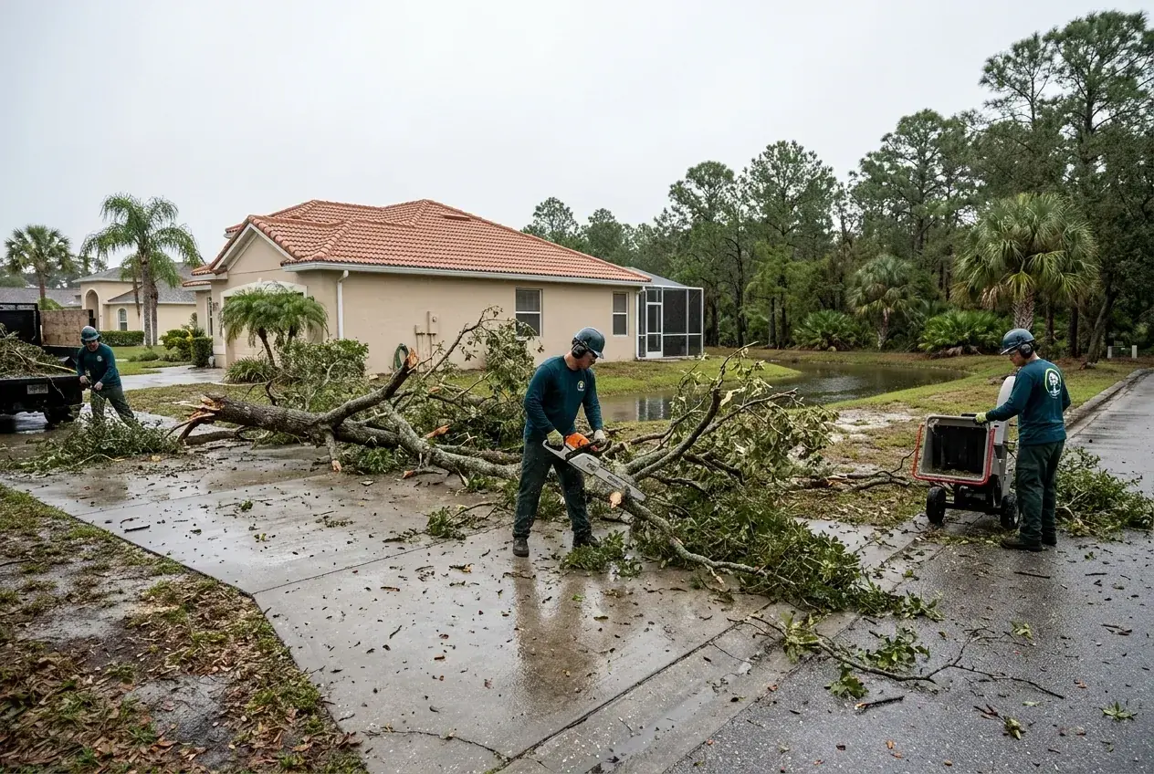 Poinciana storm damage cleanup of a water oak that fell across a driveway after heavy rain