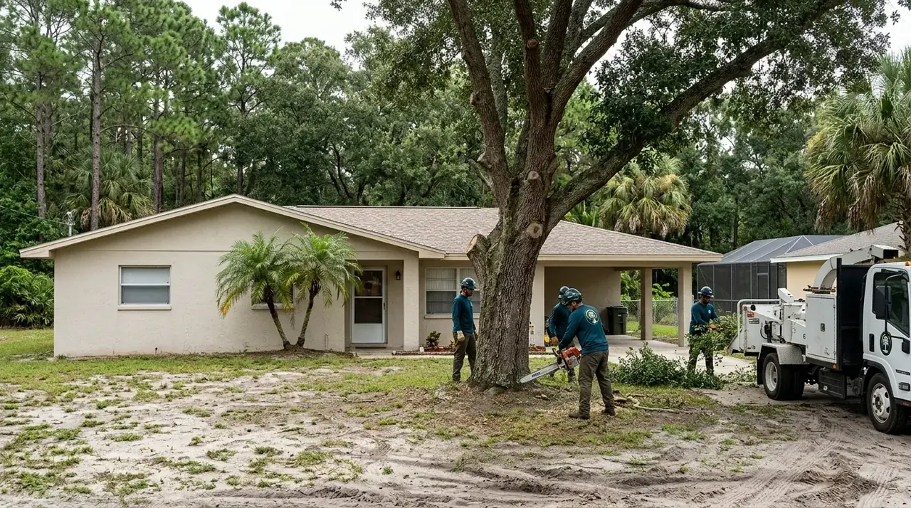 Poinciana tree removal crew cutting down a decayed laurel oak beside a concrete-block home in an older village