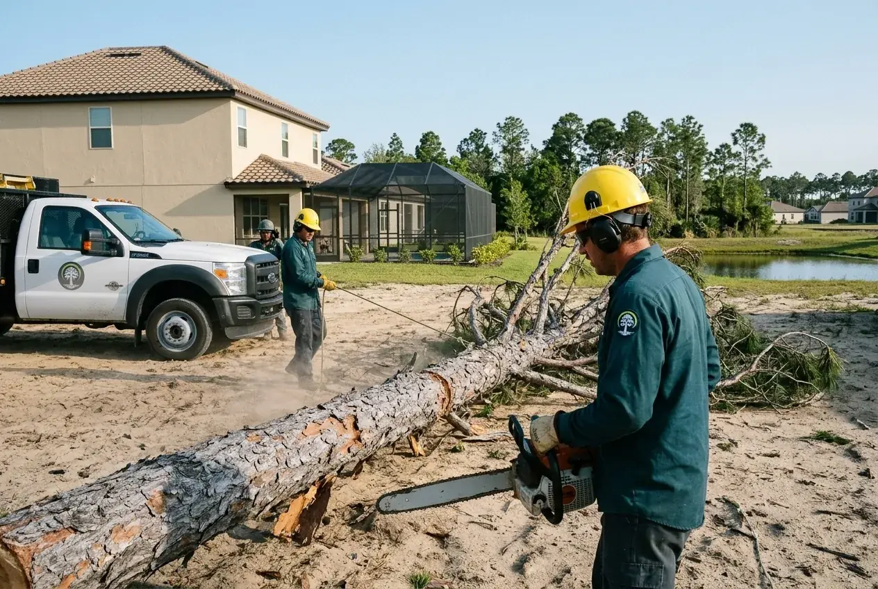 Kissimmee pre-hurricane tree work: crew taking down a dead slash pine near a home in Harmony, FL