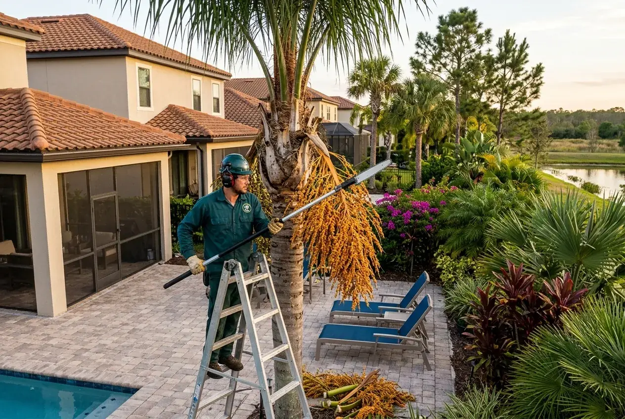 Kissimmee palm trimming crew cutting queen palm seed stalks on a resort-home lanai in Reunion, FL