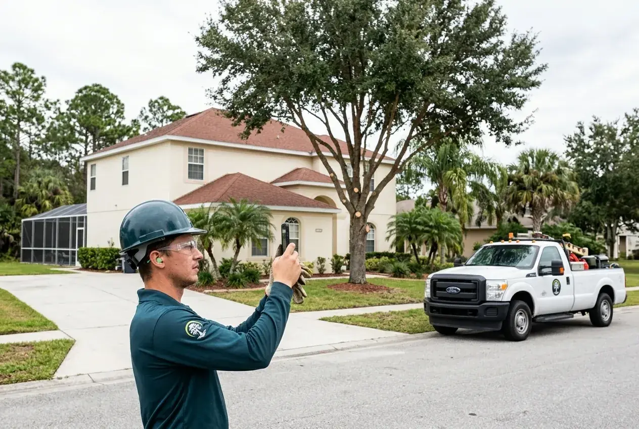 Kissimmee vacation rental tree care: crew member photographing a freshly pruned front-yard oak at a rental home in Four Corners