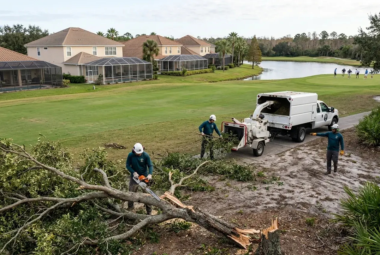 Reunion FL tree removal crew taking down a storm-damaged oak on a golf course lot