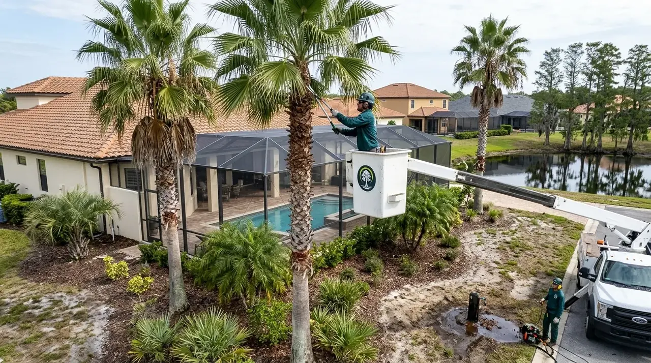 Reunion Resort palm tree trimming on a vacation rental home with a screened pool in Kissimmee 34747