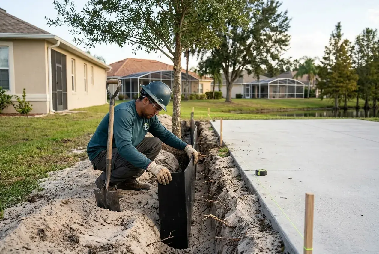 Root barrier installation in Hunters Creek, FL: vertical barrier in a narrow trench between an oak and a driveway