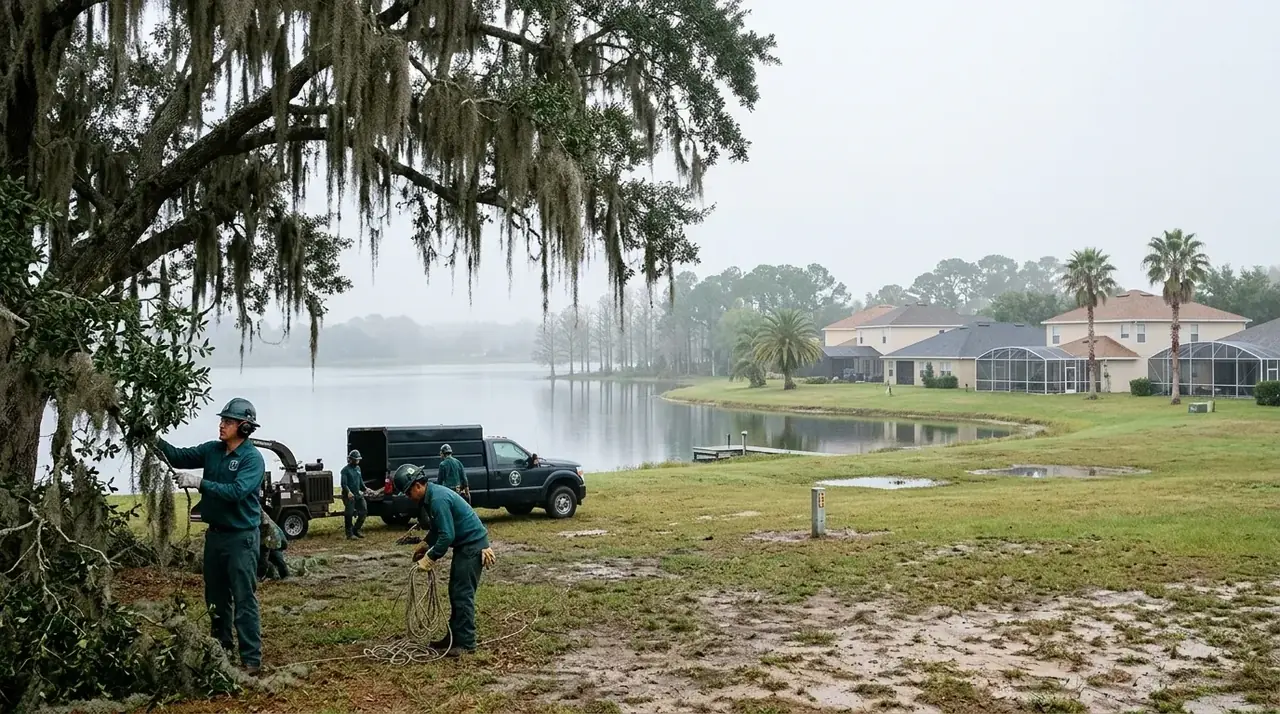 Spanish moss on a live oak near Lake Toho in Kissimmee, hanging from wide limbs in morning light