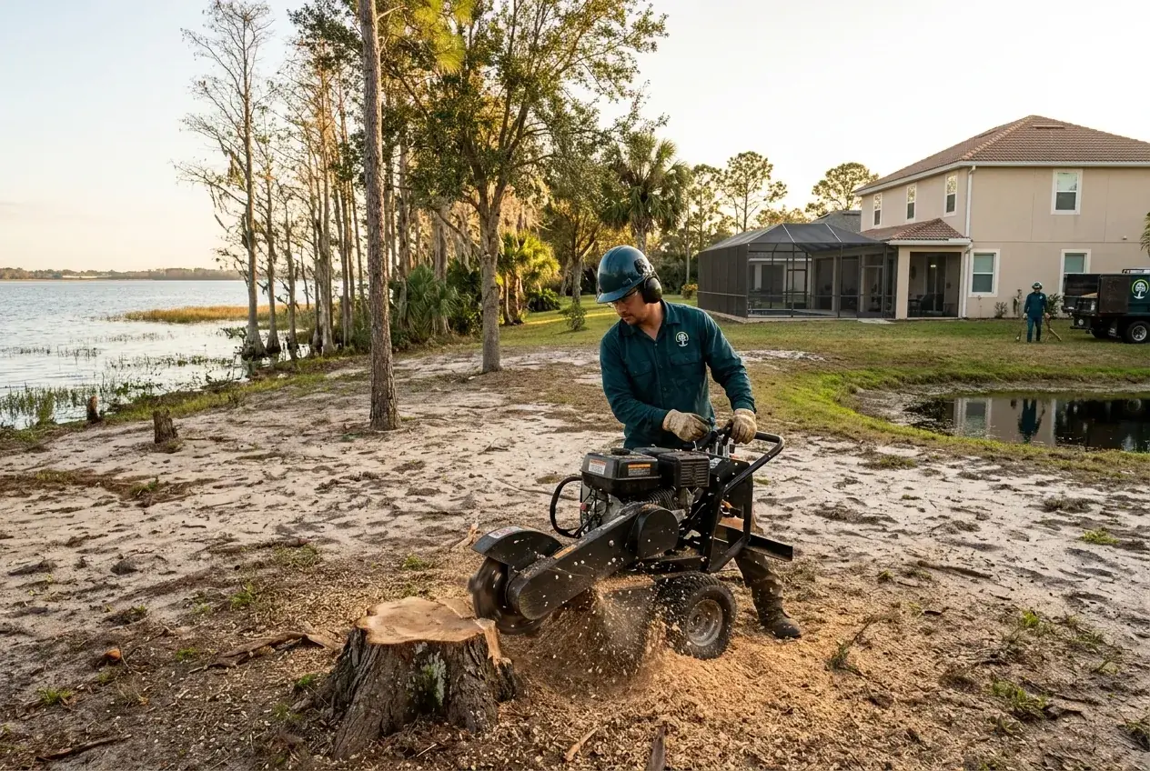 St. Cloud stump grinding behind a lakefront home with East Lake Toho visible past the yard