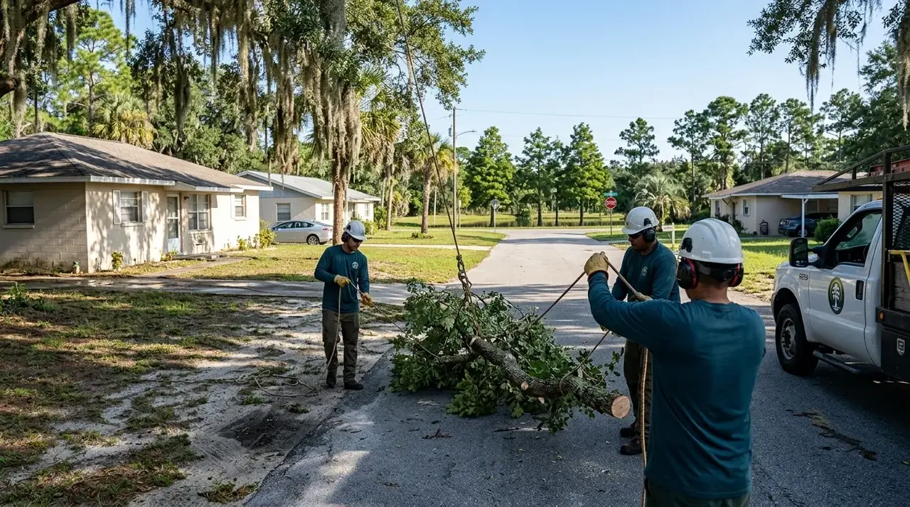 St. Cloud tree removal crew lowering a declining laurel oak limb over a street in the older downtown grid
