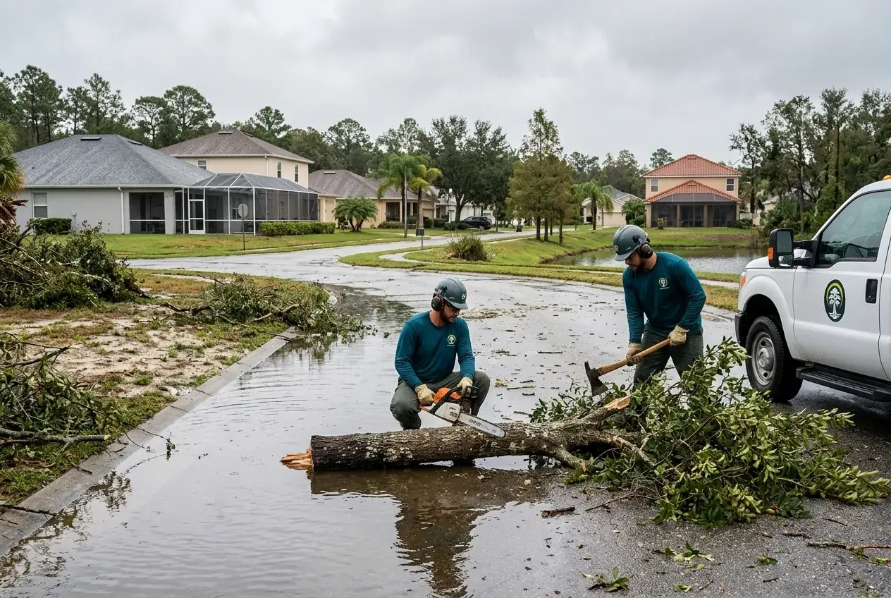 Kissimmee storm damage cleanup crew cutting a fallen oak from a flooded residential street