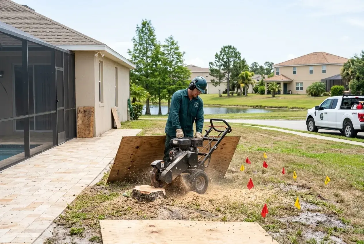 Kissimmee stump grinding crew working near travertine pool deck pavers in Meadow Woods, with plywood guards up