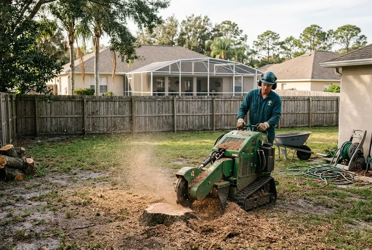 Kissimmee stump grinding after a tree removal in a fenced backyard near a retention pond