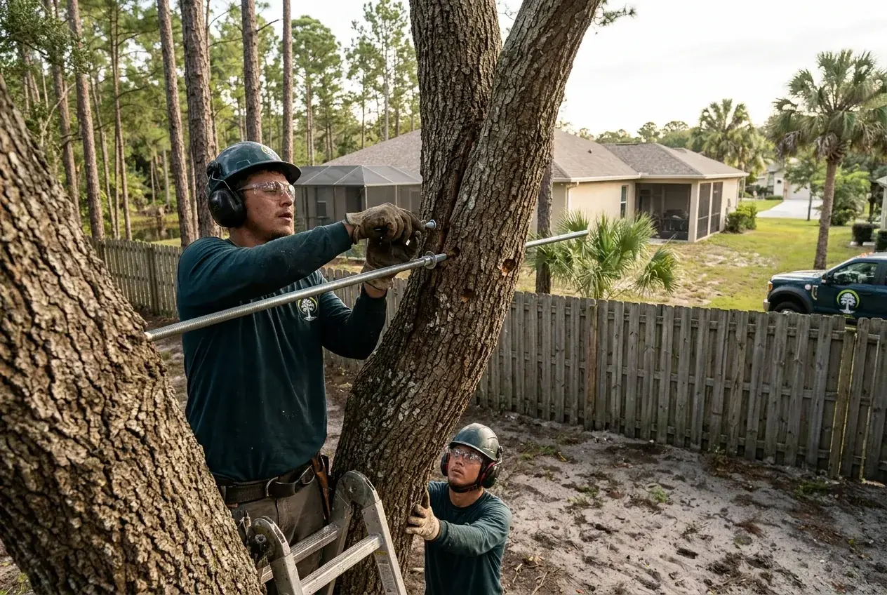 Kissimmee tree bracing work: threaded steel rod installed through a split fork of a laurel oak in St. Cloud