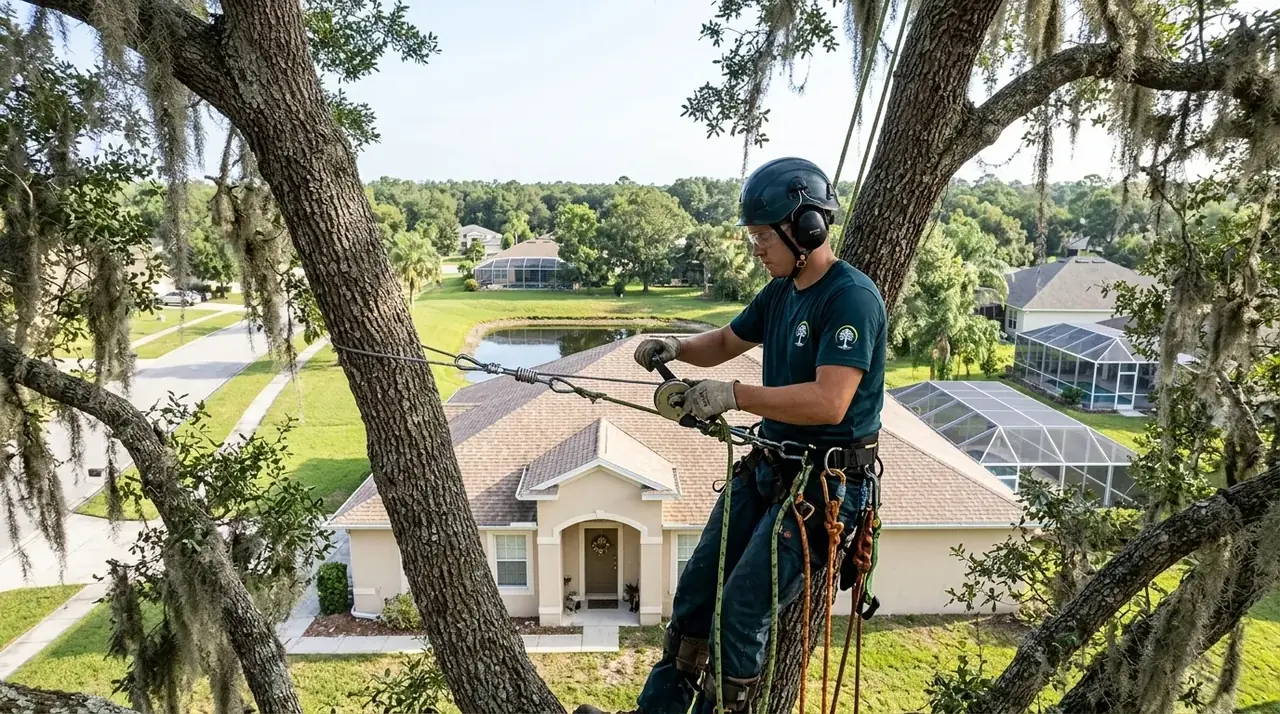 Tree cabling in Kissimmee: arborist installing a steel support cable between two stems of a live oak
